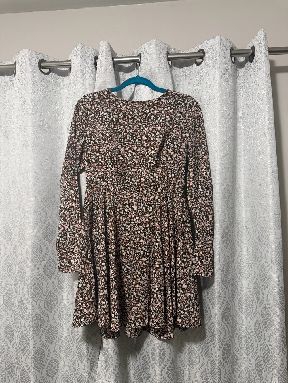 Floral Brown Long-Sleeve Mini Dress with Pink Accents